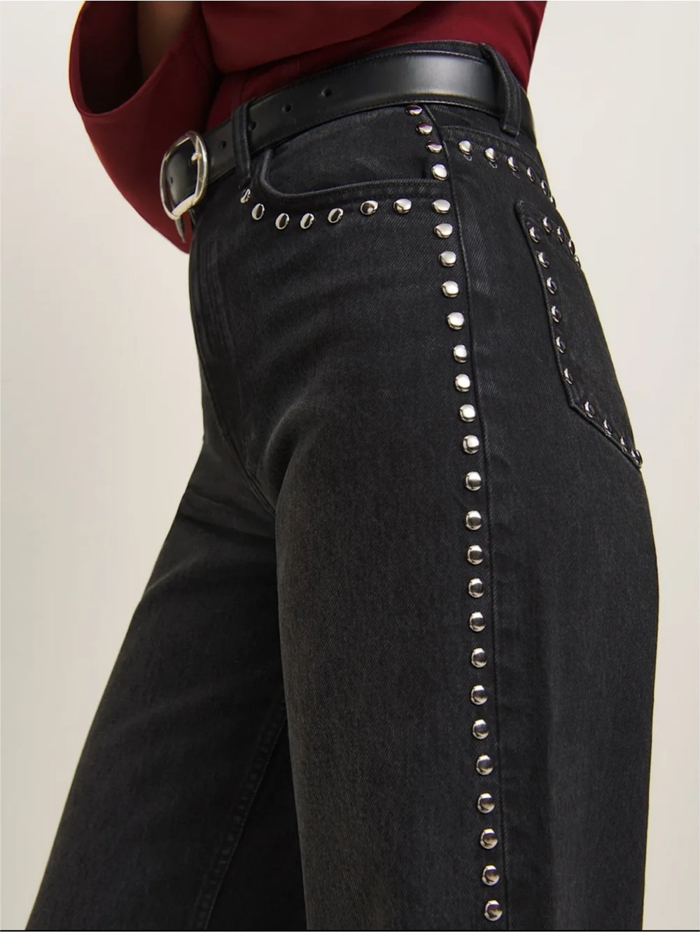 Reformation Cary Studded High-Rise Slouchy Wide-Leg Jeans Vana Black 24